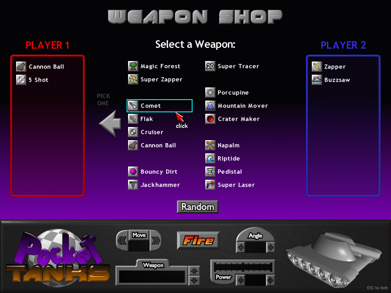 Pocket Tanks (Windows) screenshot: Choose your weapons