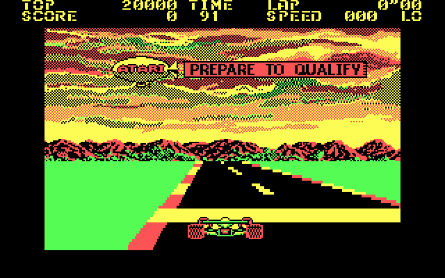 Pole Position II (DOS) screenshot: prepare to qualify for a new race (CGA)