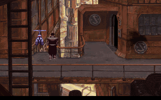 Beneath a Steel Sky (DOS) screenshot: Your robotic pal Joey cannot climb the stairs, but can fly instead