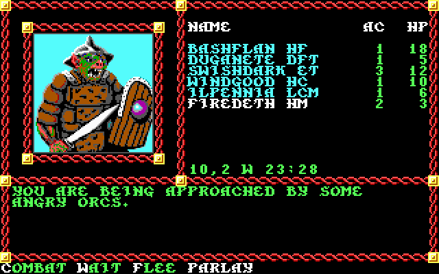 Pool of Radiance (DOS) screenshot: A typical encounter with 1st level monsters is about to begin.