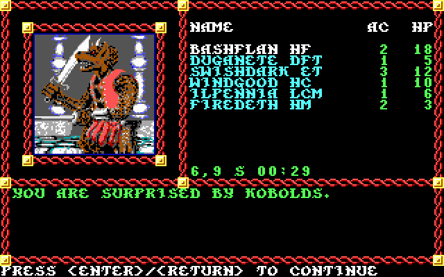 Pool of Radiance (DOS) screenshot: Whoops, didn't notice that party of Kobolds.