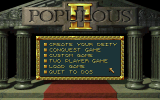 Populous II: Trials of the Olympian Gods (DOS) screenshot: Main menu