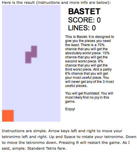 Bastet (Browser) screenshot: Starting a new game