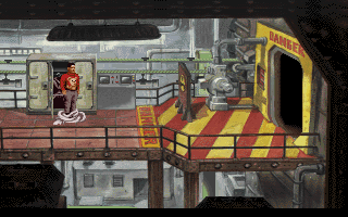 Beneath a Steel Sky (DOS) screenshot: Our hero is wearing a shirt with a teddy bear on it