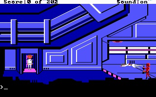 Space Quest: Chapter I - The Sarien Encounter (DOS) screenshot: Roger Wilco and a Sarien