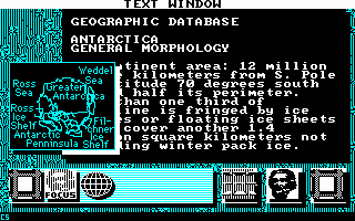 Portal (DOS) screenshot: The geographic database. An illustration adds to each text.