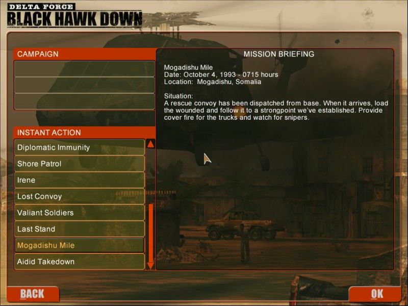 Delta Force: Black Hawk Down (Windows) screenshot: Mission menu