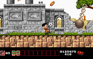Soccer Kid (DOS) screenshot: Italian Ruins - How can that really big ball swing attached to that delicate branch?