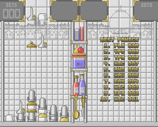 Pot Panic (Amiga) screenshot: Player 1 playing, high-scores in player 2 area