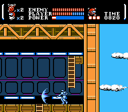 Power Blade (NES) screenshot: Wearing a robot suit