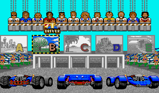 Power Drift (Amiga) screenshot: Choose your track and driver
