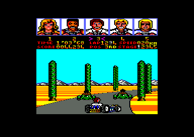 Power Drift (Amstrad CPC) screenshot: Trying to stay to the inside, to line up an overtaking chance