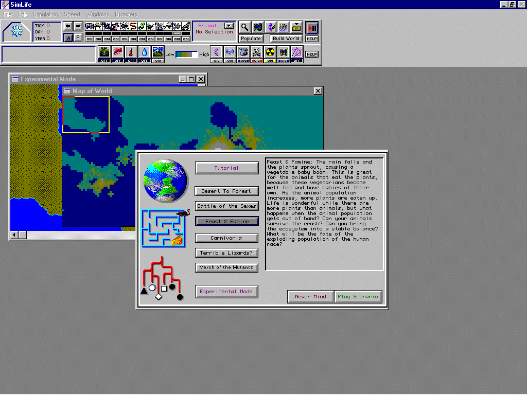 SimLife (Windows 3.x) screenshot: Main menu