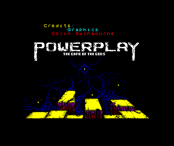 Powerplay: The Game of the Gods (ZX Spectrum) screenshot: The loading screen scrolls through some info as it runs