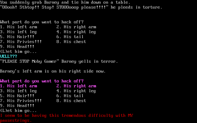 BarneySplat (DOS) screenshot: Mutilating the doll