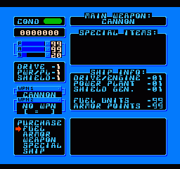 P'radikus Conflict (NES) screenshot: Shopping for new enhancements