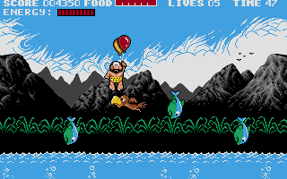 Prehistorik (DOS) screenshot: Using the balloons to cross a lake
