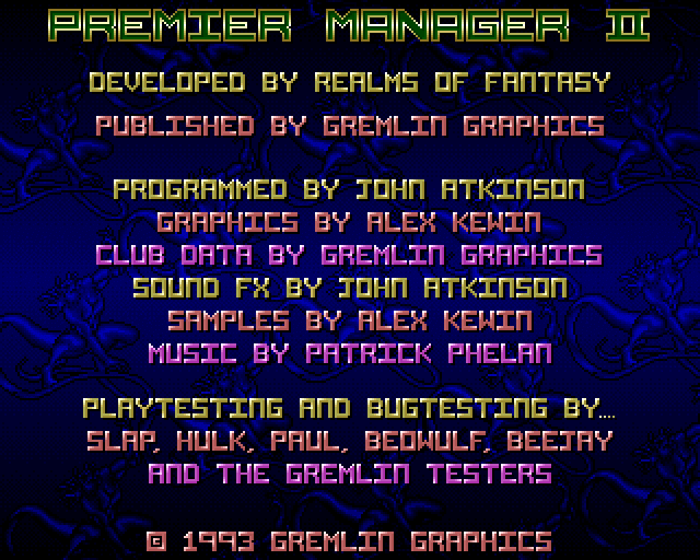 Premier Manager 2 (Amiga) screenshot: Credits