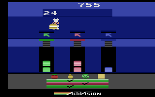 Pressure Cooker (Atari 2600) screenshot: Drop hamburgers in the correct wrapping machine