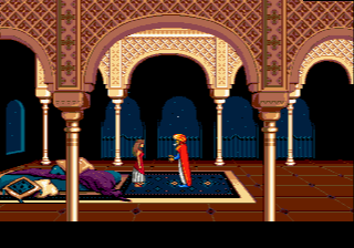 Prince of Persia (Genesis) screenshot: Jaffar with his indiscreet proposal toward the princess