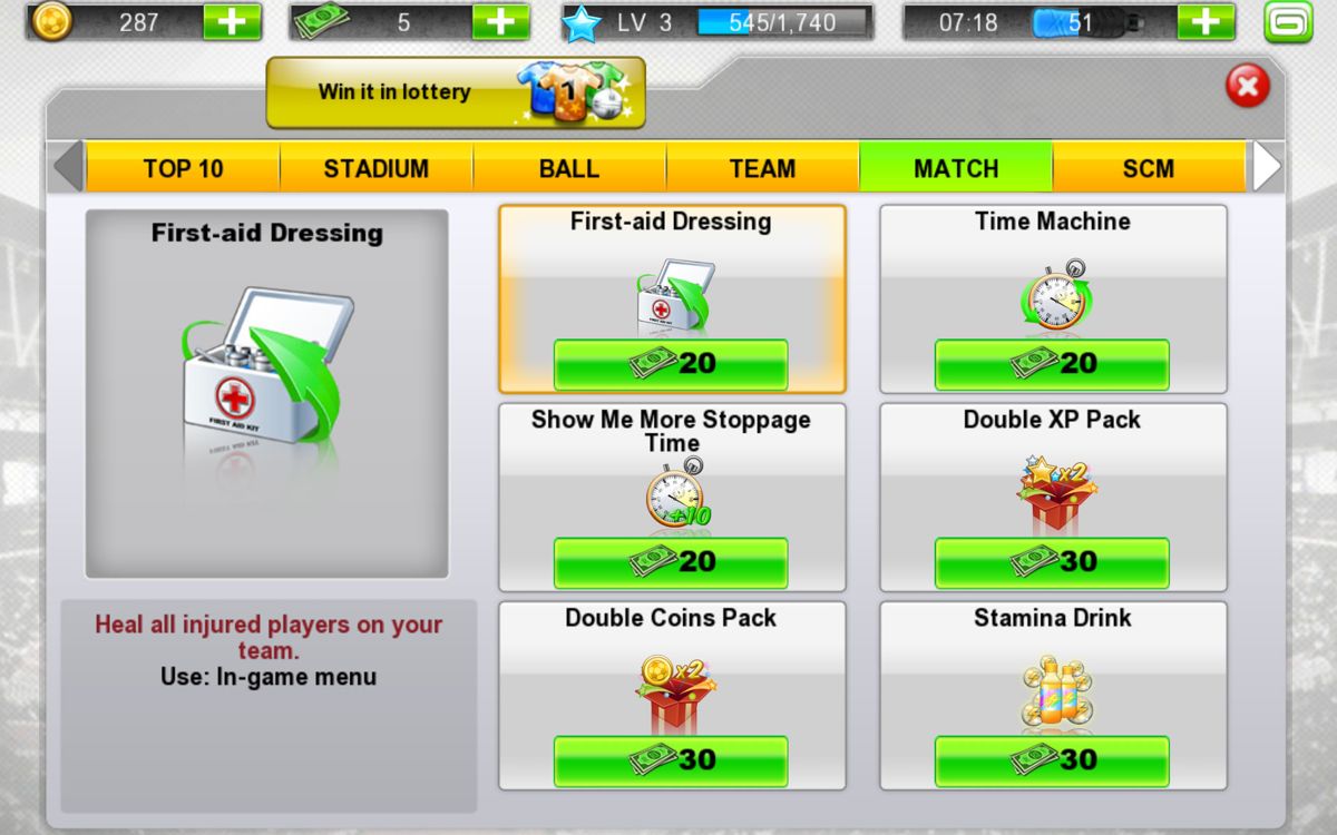Real Football 2012 (Android) screenshot: Boosters and items in the shop