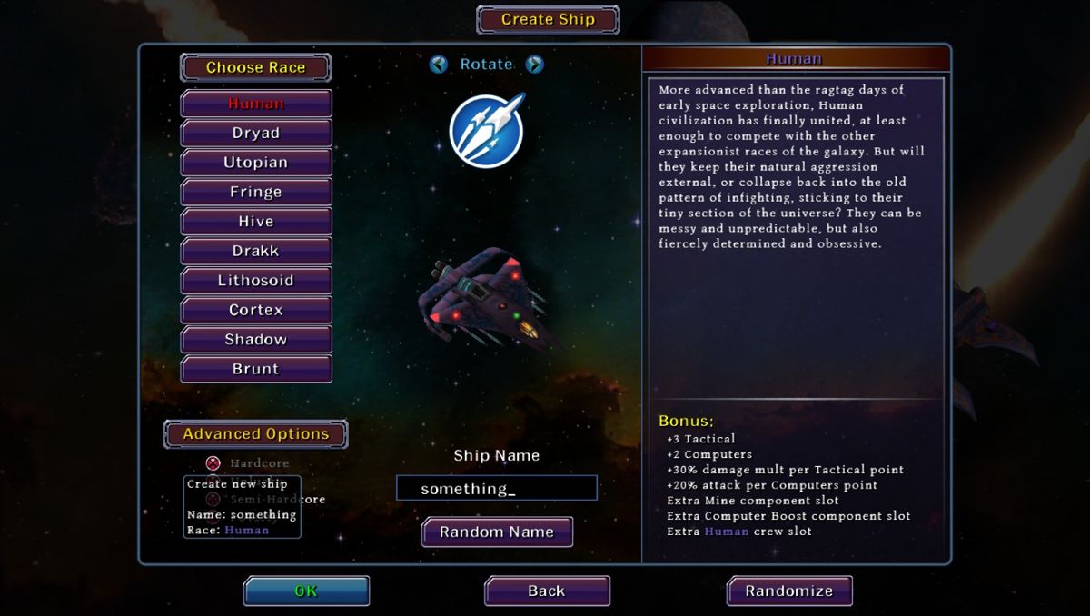 Drox Operative (Windows) screenshot: Create a new ship.