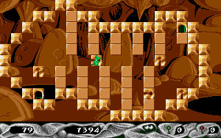 Stone Age (Amiga) screenshot: Level 3 - using a one-way block