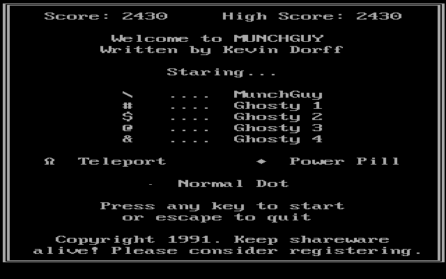 Munch Guy (DOS) screenshot: The game's title screen in TEXT mode
