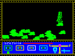 Rasputin (ZX Spectrum) screenshot: 128k version : Fortunately, on this level at least, the fluffy clouds save you and take you back to the start