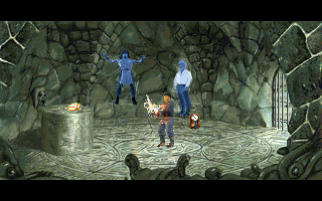 Prisoner of Ice (DOS) screenshot: Use the Force, Ryan! Actually, that guy on the right is Lord Boleskine, not Obi-Wan