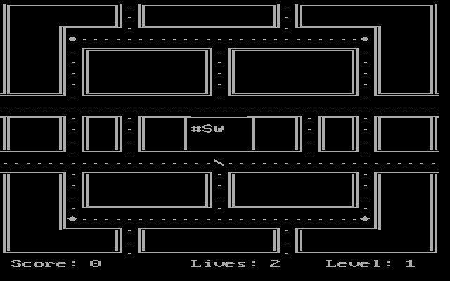Munch Guy (DOS) screenshot: The start of a game in TEXT mode<br>When the player eats a power pill the ghosts all become an '*'