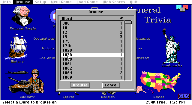 General Trivia (DOS) screenshot: Players can browse the questions on their own if hey don't want to play the game