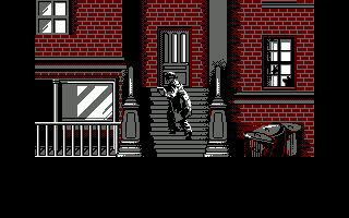 Prohibition (Amstrad CPC) screenshot: This guy on the steps is dangerous...