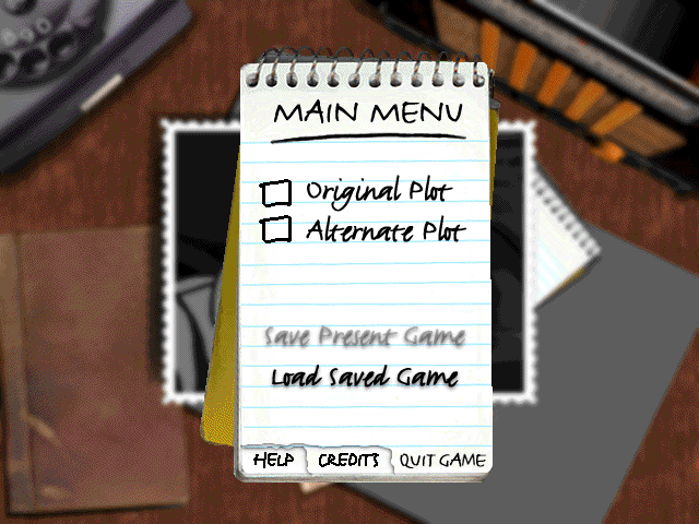 Private Eye (Windows) screenshot: Main Menu: Choose between playing the original plot (from the book) or a different one