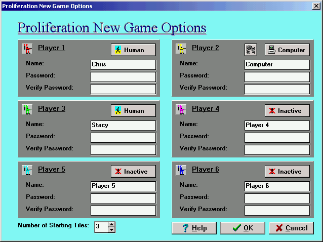 Proliferation (Windows 3.x) screenshot: Setting up a new game