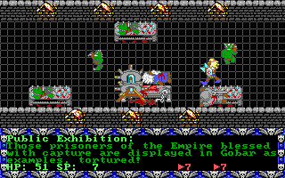 Prophecy (DOS) screenshot: Tortured prisoners are exhibited in the main street of Gobar.