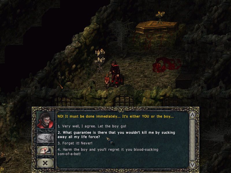 Divine Divinity (Windows) screenshot: This side quest involves a thirsty vampire. You can choose to risk your life to save that boy