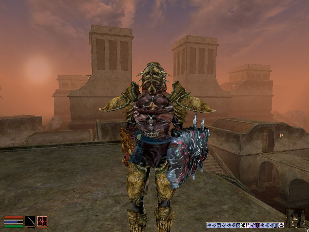 The Elder Scrolls III: Morrowind (Windows) screenshot: Nord close-combat char in redoran outfit posing on rooftop in Balmora