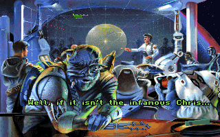 Protostar: War on the Frontier (DOS) screenshot: The mysterious Dodel frequents space station bars and is an excellent source of information.