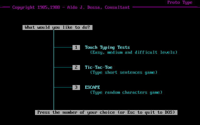 Proto Type (DOS) screenshot: Games menu