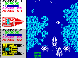 Pro Powerboat Simulator (ZX Spectrum) screenshot: Near the fuel canister with enemy boat behind
