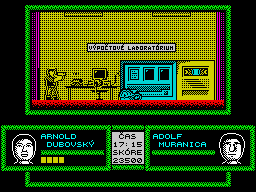 Prvá Akcia (ZX Spectrum) screenshot: Computer laboratory and dead gangster