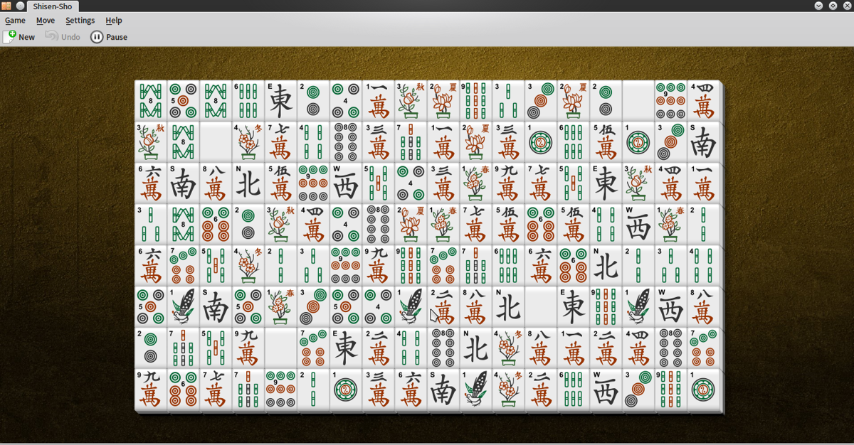 KShisen (Linux) screenshot: Default board size with default tile set (Version 1.8.4, 2013)