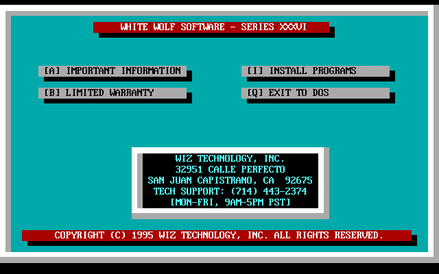 White Wolf Software: Series XXXVI (DOS) screenshot: The initial screen