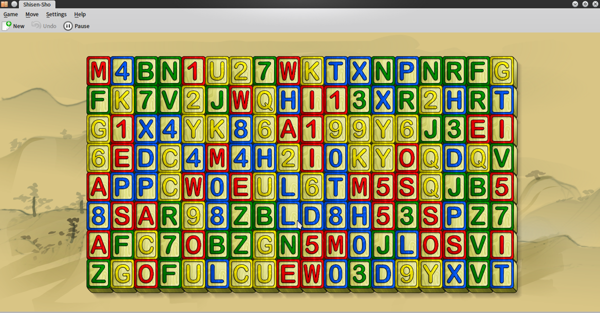 KShisen (Linux) screenshot: The alphabet tile set: for a novice like me this helps a lot, as symbols are separated very clearly (not like those four different flower stones in the traditional set)