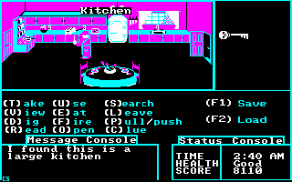 Psycho (DOS) screenshot: Right: Inventory. Bottom: Messages, Status. Between: Commands.