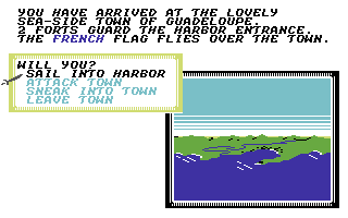 Sid Meier's Pirates! (Commodore 64) screenshot: Options for entering (or leaving) a town