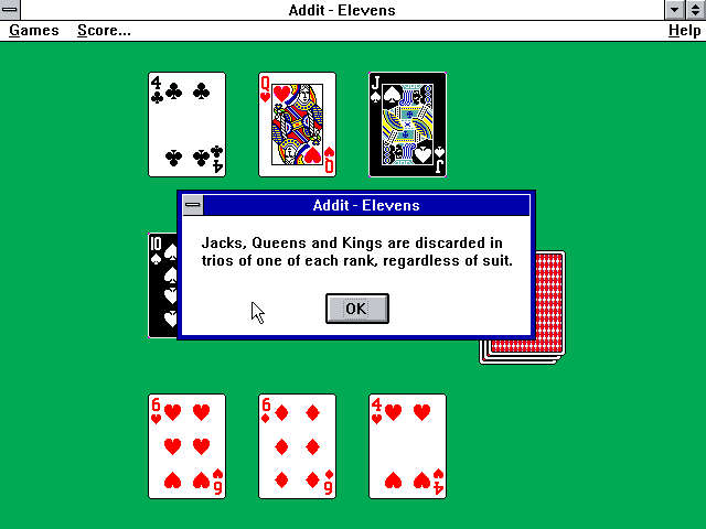 Addit (Windows 3.x) screenshot: Elevens: The high cards are removed by making a jack-queen-king run