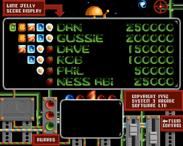 Putty (Amiga) screenshot: High scores board