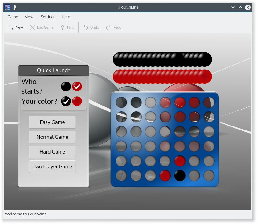 KFourInLine (Linux) screenshot: Title screen with basic menu (KDE 5, game version 1.40)